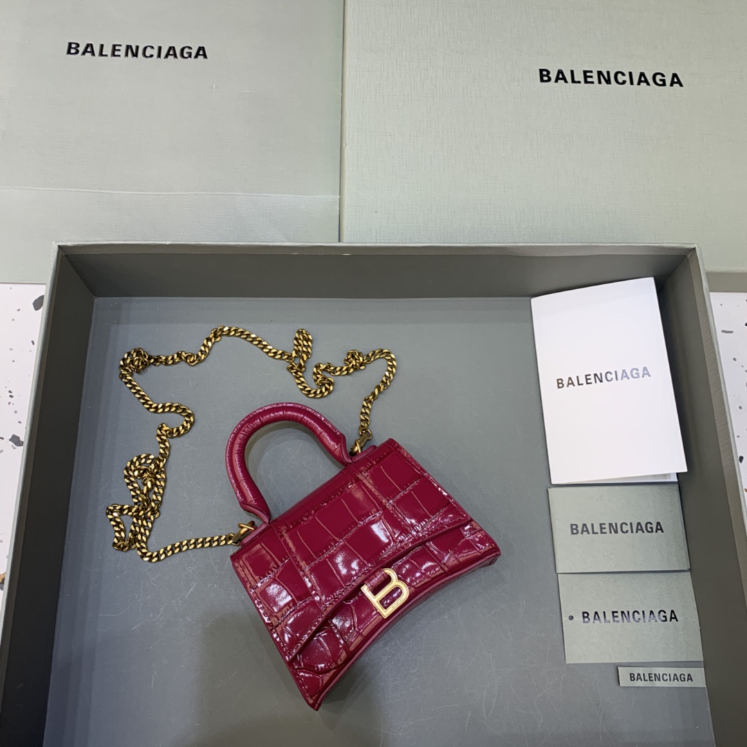 Balenciaga Hourglass Mini Handbag With Chain Crocodile Embossed Shoulder Bag Dark red